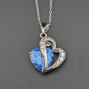 Elegant Sterling Silver Heart-Shaped Blue and Clear Stones Pendant Necklace